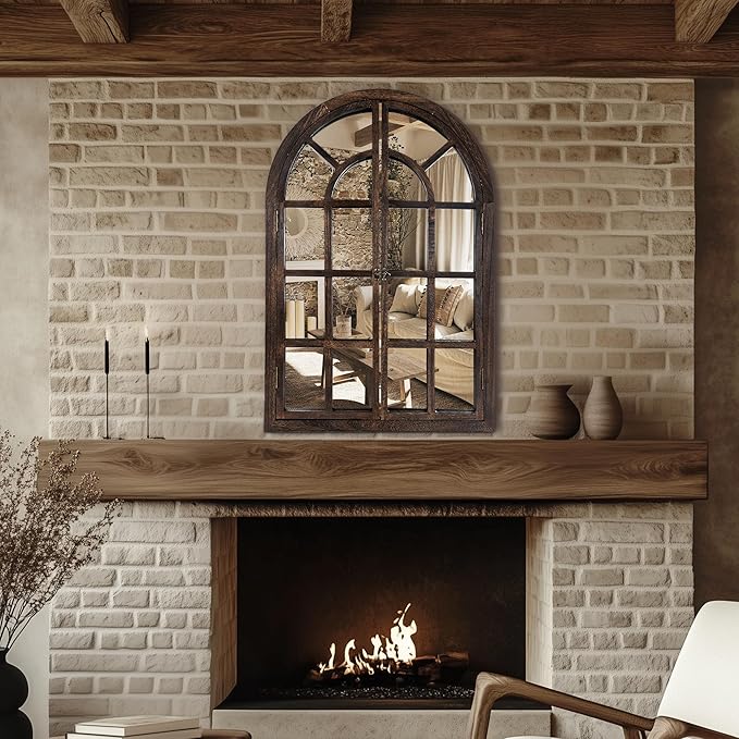 Arched Wall Mirror with Window Design, 36"x24" Rustic Farmhouse Wood Mirror for Wall Decor, Decorative Vintage Arch Mirror for Living Room, Bedroom, Entryway