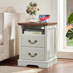 Farmhouse Nightstands with Charging Station，18" End Table with 2 Drawers，Farmhouse Nightstand with Vintage Handles, Bedside Cabinet for Bedroom for Bedroom, Living Room,White