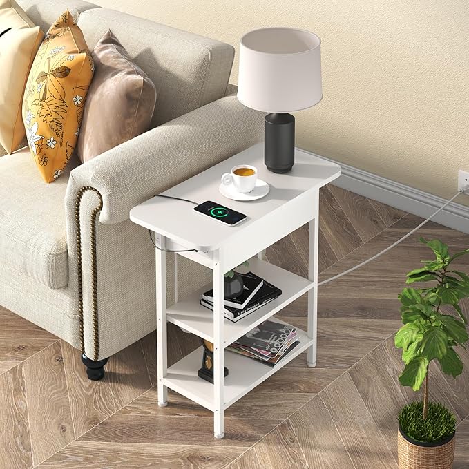 LIDYUK End Table with Charging Station, Set of 2 Flip Top Narrow Side Table for Small Spaces, Nightstands Set of 2 for Bedroom, End Tables Living Room with Storage Shelves, White