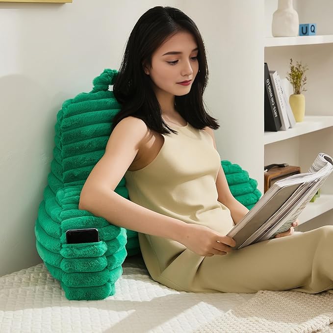 Faux Fur Fluffy Emerald Reading Pillow with Pockets, Luxury Striped Plush Decorative, Arm Rests and Back Surport for Bed Rest, Lounging on sofa, Large