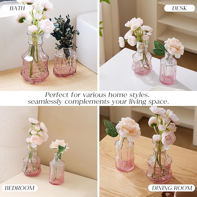Glass Bud Vase Set of 60 - Small Vases for Flowers in Bulk - Assorted Vintage Crystal Vases for Flowers, Table Centerpieces (Pink, 60 Pcs)