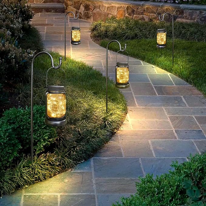 Mlambert 4 Pack Solar Hanging Lantern with Stakes, Outdoor Waterproof Solar Mason Jar Fairy String Lights Decorative Vintage Glass Lamp-Warm White
