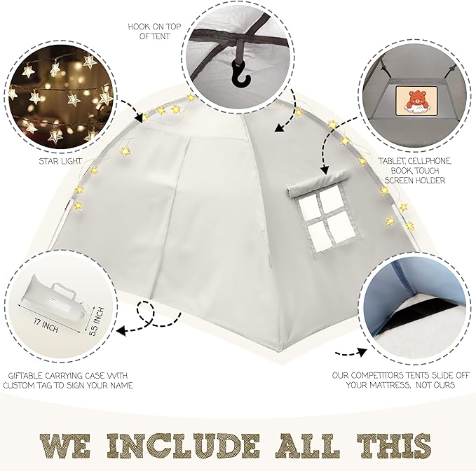 Beige Full Bed Tent for Kids Indoor Fort - Magical Dream Tents for Boys Pop Up Toddler Bed Canopy for Girls Bunk Bed Tent for Top Bunk - Sensory Sleep Pod for Kids Educational