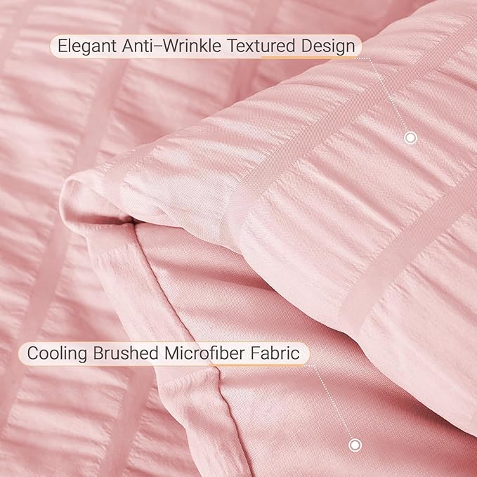 MUXHOMO 7 Pieces King Comforter Set, Seersucker Bed in a Bag King Size, All Season Luxury Bedding Set with Comforter, Flat Sheet, Fitted Sheet, Pillowcases & Shams, Pink