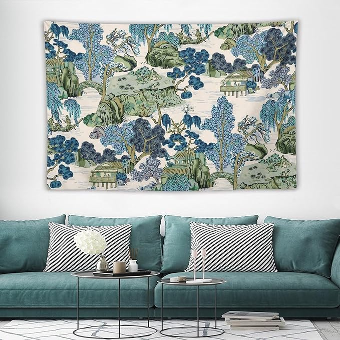 Chinoiserie Tapestry,Asian Watercolor Abstract Art Tapestry,Asian Japanese Wall Tapestry, Nature Landscape Tapestries for Bedroom Living Room Decor 60"x40"