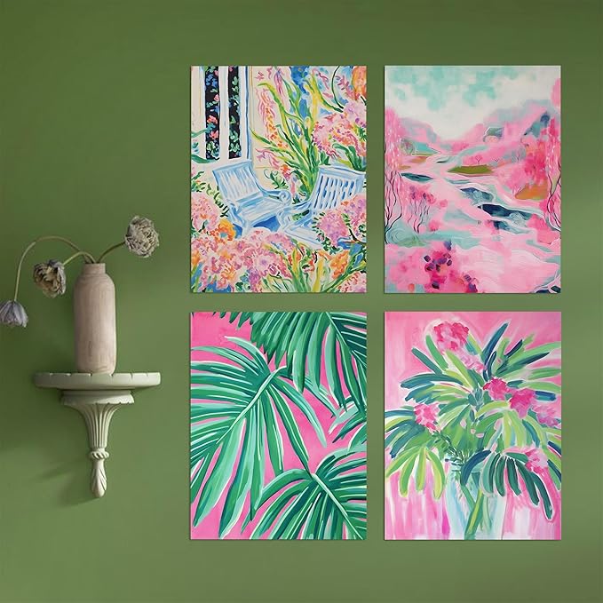 SIGNWIN Adhesive Canvas Poster Tropical and Floral Bright Botanical Preppy Room Decor Pink Decor Digital Art Modern Art Decorative Multicolor Scenic for Bedroom - 11"x14"x4