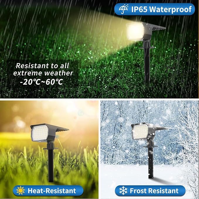 Solar Spot Lights Outdoor Waterproof IP65, 2 Pack Landscape Spotlights with 46 LEDs, 3 Modes Auto On/Off Solar Powered Flood Lights for Outside Pathway, Yard, Garden, Walkway (Warm White)