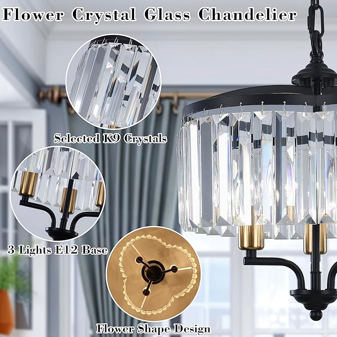 Modern Crystal Chandelier Dining Room Black Gold Farmhouse Glass Pendant Light Fixture 3 Light Adjustable Hanging for Kitchen Island Foyer Bedroom Living Room Hallway