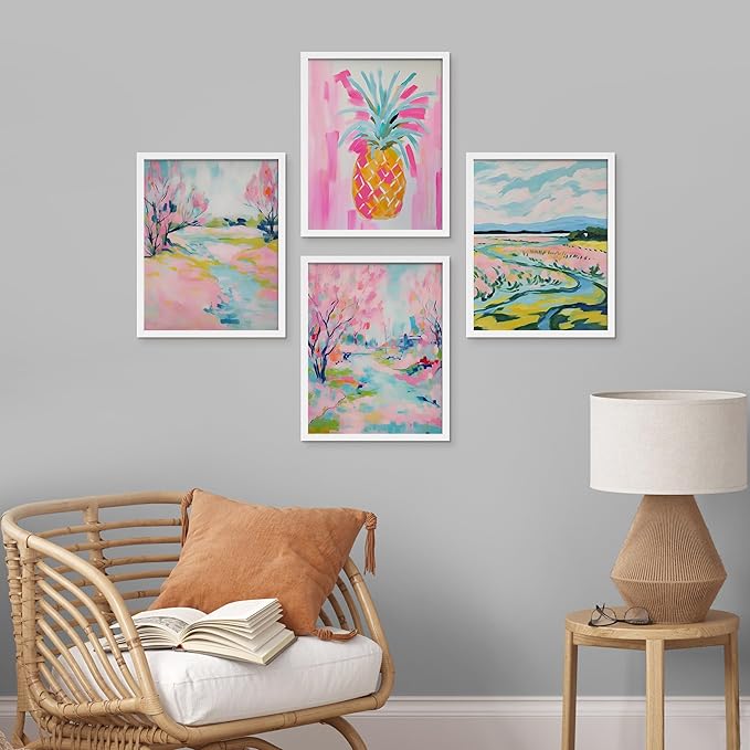 SIGNWIN Framed Vibrant Landscape and Pineapple Colorful Preppy Room Decor Pink Decor Digital Art Modern Art Decorative Multicolor Scenic for Bedroom - 12"x16"x4 White