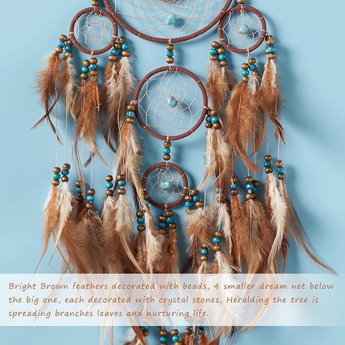Pretty Jolly Brown Feather Dream Catchers Wall Decor with Chakras Tree of Life Crystal Stone Ornament Handmade Dreamcatchers for Adult Boys Girls Bedroom Dorm Party Birthday Blessing Gift-5Rings
