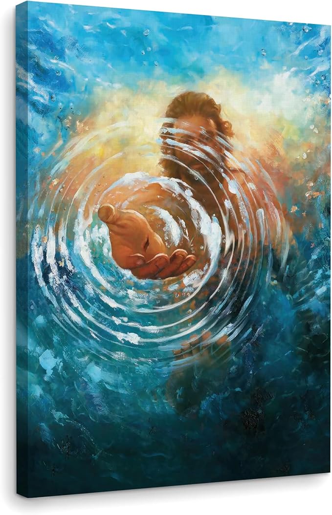 Framed Jesus Christ Canvas Wall Art The Hand of God Jesus Reaching Into Water Christian Painting Prints Biblical Wall Decor Religious Room Decor for Church Prayer Room Schools Hospitals 16" x 24"