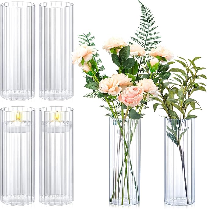 6 Pcs 10 Inch Tall Glass Ribbed Cylinder Vases Clear Floating Candle Flower Vase in Bulk, Hurricane Candle Holder for Wedding Housewarming Gift Table Centerpieces