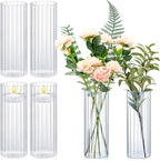 6 Pcs 10 Inch Tall Glass Ribbed Cylinder Vases Clear Floating Candle Flower Vase in Bulk, Hurricane Candle Holder for Wedding Housewarming Gift Table Centerpieces