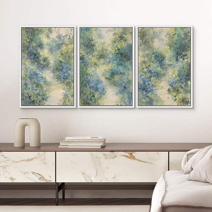 SIGNWIN Framed Canvas Print Wall Art Blue and Green Floral Impressionist Nature Scene Photography Modern Art Minimalist Black and White for Living Room, Bedroom, Office - 24"x36"x3 White
