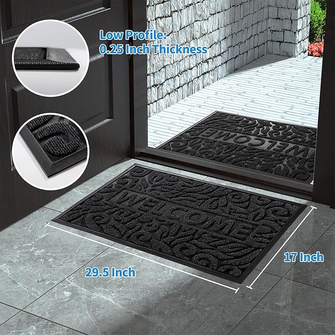 Yimobra Welcome Mat Outdoor, 29.5x17 Waterproof Door Mat Outside Entrance, All-Weather Non Slip Front Door Mat, Low-Profile Entryway Mat Indoor, Porch and Patio, Black