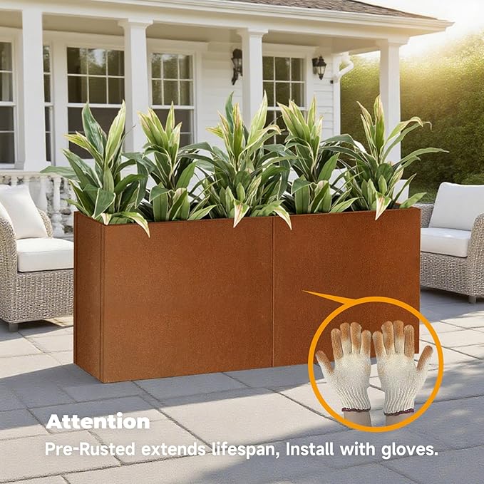 Galvanized Steel Metallic Heavy Planter for Outdoor Plants Metal Outdoor Planter Spliced Flower Box with Partitions for Outside,Indoor,Garden (Corten, 30 * 12 * 24)