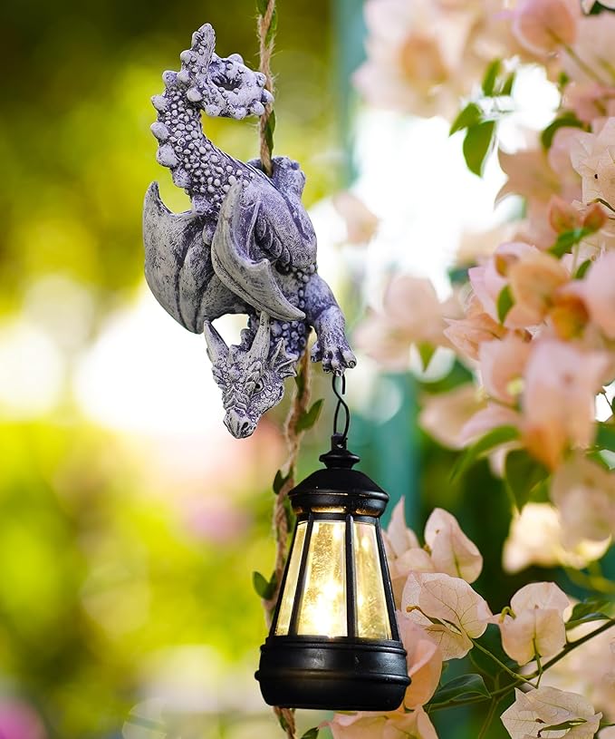 Solar Dragon Figurine Garden Statue: Outdoor Hanging Climbing Ornament with Lantern for Yard Art Lawn Balcony Patio Porch Decor- Birthday Gifts for Mom Women Father
