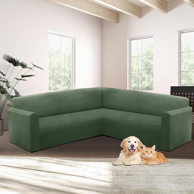 HDCAXKJ Sectional Couch Cover L Shape Stretch Sofa Covers Washable Jacquard Corner Couch Slipcover Non Slip Sectional Slip Cover U Shaped Furniture Protector for Pets Dogs (Blackish Green, X-Large)