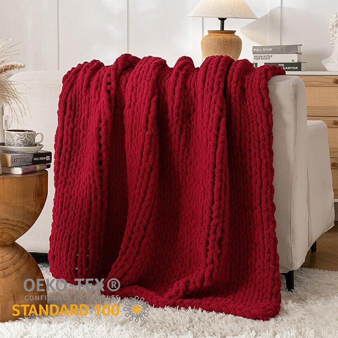 Chunky Knit Blanket Throw, 100% Hand Knit Throw Blanket Handmade Chenille Cable Knit Throw for Couch, Stylish Cozy Soft Rope Knot Crochet Blanket for Home Decor, Red, 50x60 Inches