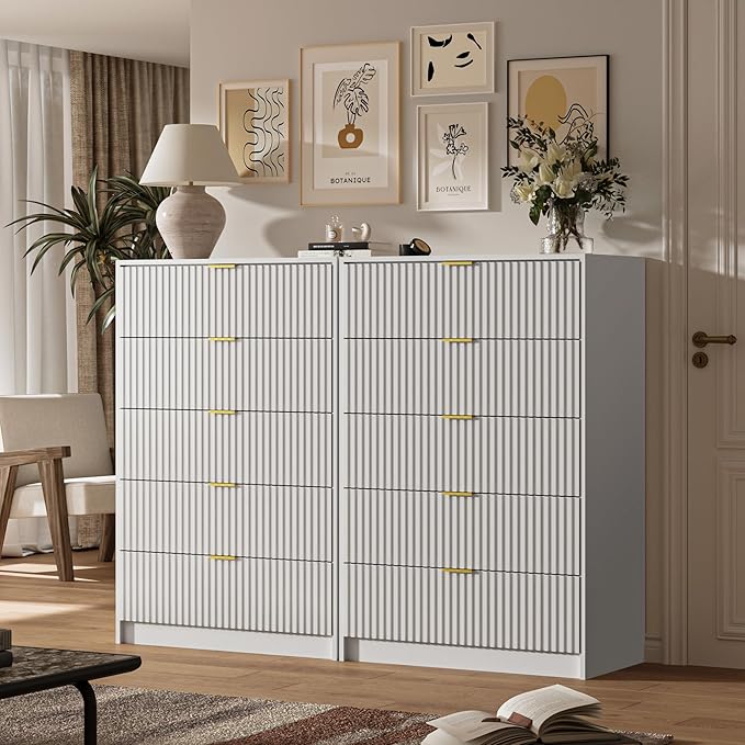 5 Drawer Dresser for Bedroom, Tall Dresser Chest of Drawers with Gold Handles, 32 Inch Wide Nightstand with for Bedroom, Living Rooms, Offices, and Entryways, White