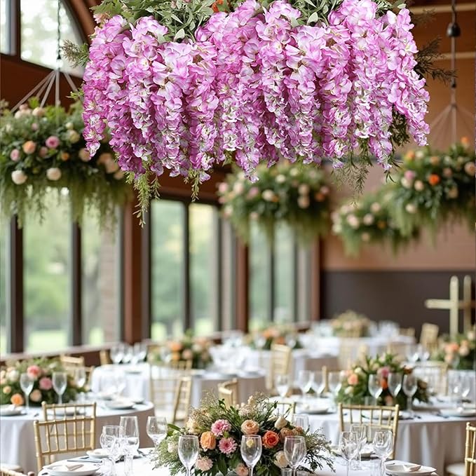 4PCS Artificial Wisteria Hanging Flowers 40'' Tall Lush Fake Wisteria Flowers for Floor Vases Silk Flowers for Wedding Arch Ceremony Window Box Home Garden Backdrop Decoration (Purplish Red)