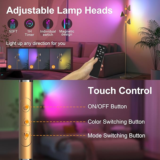 PARTPHONER RGB Tree Floor Lamp for Living Room, Stepless Dimmable Tall Standing Lamp with Remote, Touch Control and 3 Rotatable Light, Bright LED Lights for Bedroom with 4 Color-Changing, Gold
