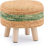 Handwoven Round Ottoman, Natural Water Hyacinth Outdoor Patio Pouf Seagrass Low Stool with Wood Legs, Soft Padded Footrest for Living Room Bedroom Garden, Green