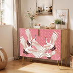 SIGNWIN Sideboard Buffet Cabinet, Kitchen Storage Cabinet with 2 Doors, Colorful Chinese Crane Bird Pattern, Cupboard Console Table for Dining Room - 35" L x 18" W x 29" H