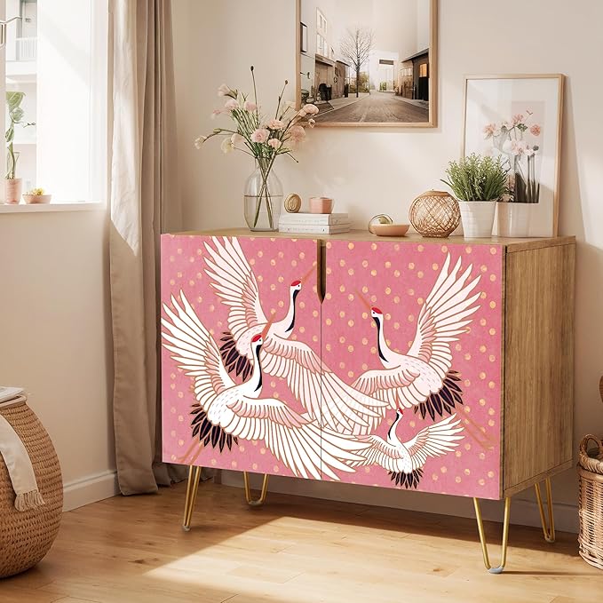 SIGNWIN Sideboard Buffet Cabinet, Kitchen Storage Cabinet with 2 Doors, Colorful Chinese Crane Bird Pattern, Cupboard Console Table for Dining Room - 35" L x 18" W x 29" H