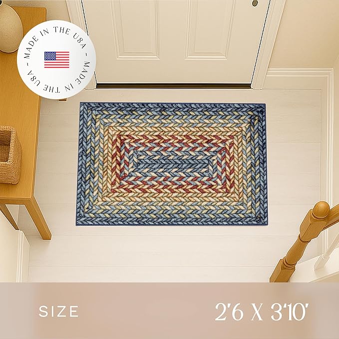Maples Rugs Marion Bohemian Braided Design Print Area Rug – Made in USA – Washable, Non Slip Indoor Carpet for Entryway, Foyer, Kitchen, and Bathroom, 46" x 30", Multi-Color
