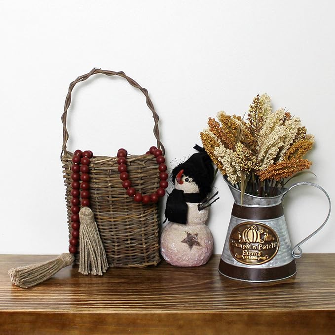 CVHOMEDECO. Wood Beads Garland with Tassels Farmhouse Rustic Wooden Prayer Bead String Wall Hanging Accent for Home Festival Decor. Burgundy