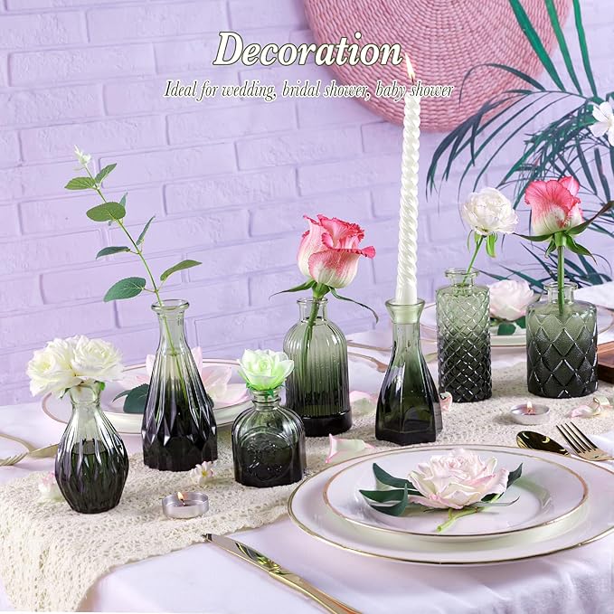 Green Glass Bud Vases Set of 12, Mini Flower Vase for Centerpieces, Small Glass Vases in Bulk for Wedding Decorations, Vintage Vase for Bridal Shower, Party, Recepetion, Home Table Décor