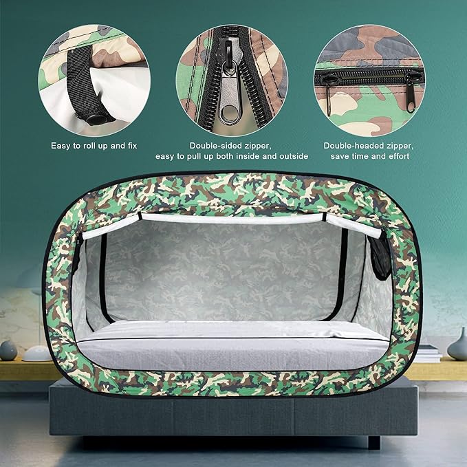 Bed Tent Twin Bed Canopy Portable Dream Tent for Adult Indoor Sleeping Tents with 2 Doors Breathable Private Space Tents, Green Camouflage