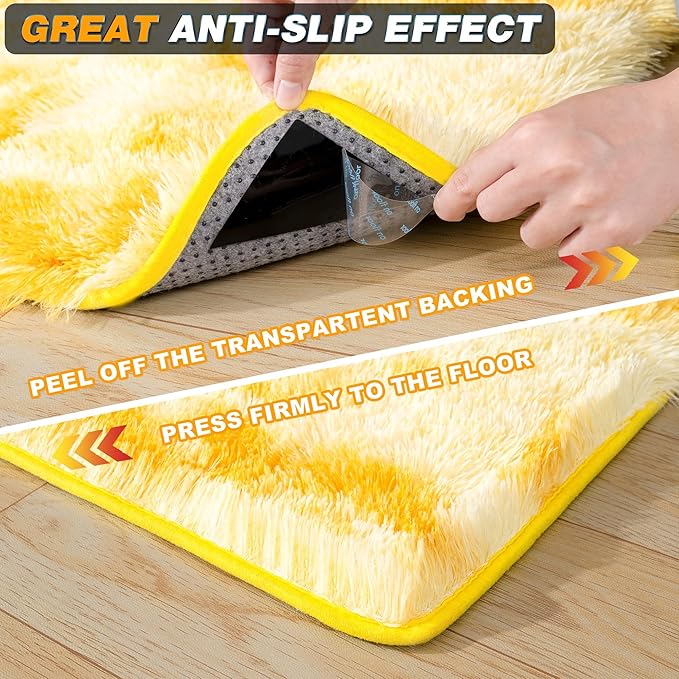 Small Rugs for Bedroom, 2x6 Fluffy Rug, Non-Slip Shag Soft Area Rug, Fuzzy Carpet for Kids Girls Boys, Modern Home Decor Aesthetic, Tie-Dyed Yellow