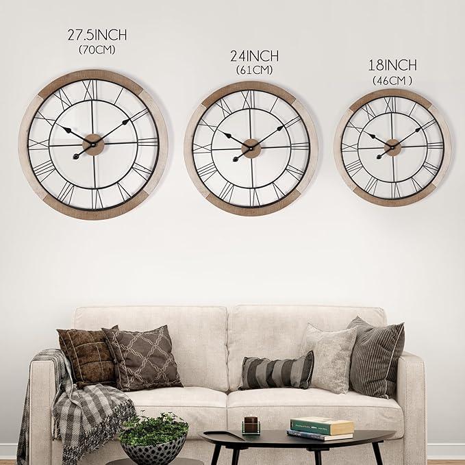 Wall Clock for Living Room Decor, 18'' Big Clock for Office, Rustic Wall Clocks Battery Operated, Distressed White Roman Numeral Clock, Round, Wood