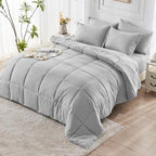 JOLLYVOGUE Full Comforter Set, Ultra-Soft Bed in a Bag Full Size 7 Pieces, Oeko-TEX Certified Bedding Set with Down Alternative Comforter, Sheets, Pillowcases & Shams, Light Grey