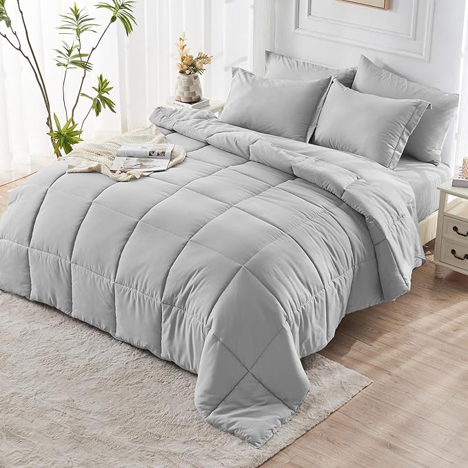 JOLLYVOGUE California King Comforter Set, Ultra-Soft Bed in a Bag Cal King Size 7 Pieces, Oeko-TEX Certified Bedding Set with Down Alternative Comforter, Sheets, Pillowcases & Shams, Light Grey
