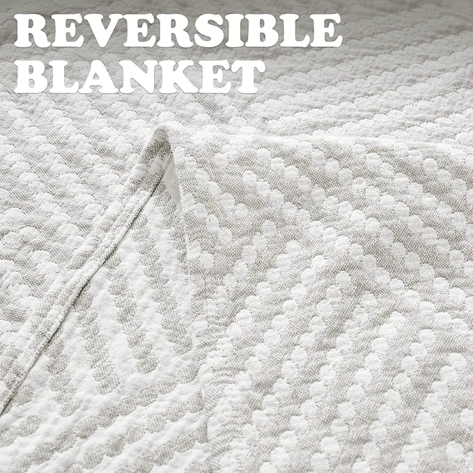 jinchan Boho 100% Cotton Blanket Muslin 50x60 Inches Lightweight 3-Layer Geometric Square Striped Pattern Reversible Quilt Throw Soft Breathable Comfy All Seasons for Couch Bed Decor, Light Grey