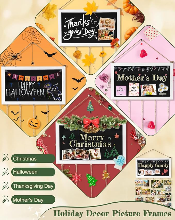 Bikoney Large Picture Board Picture Frames Collage Photo Hanging Display Wood Rustic Frames for Wall Decor and Dorm Room Decor with Blackboard Self Adhesive Hooks No Holes Drilling