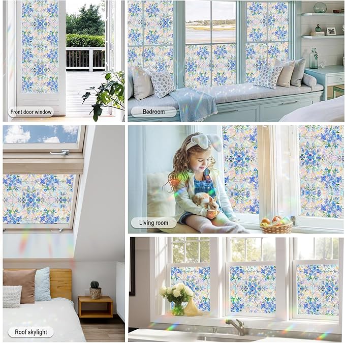 Window Privacy Film Stained Glass Decorative Window Tint for Home Room Decor Static Cling Rainbow Window Film Blackout Bathroom Bedroom Car Renter Friendly (Blue&Purple Hydrangea Flower)