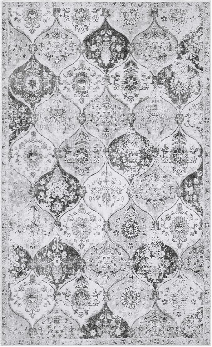 Lahome Moroccan Trellis Washable Small Area Rug, 3x5 Area Rug for Bedroom Living Room, Non-Slip Oriental Accent Throw Carpet for Kitchen Office Entryway Bathroom Office, Silver/Grey