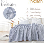 jinchan Boho 100% Cotton Blanket Muslin 50x60 Inches Lightweight 3-Layer Geometric Square Striped Pattern Reversible Quilt Throw Soft Breathable Comfy All Seasons for Couch Bed Decor, Blue