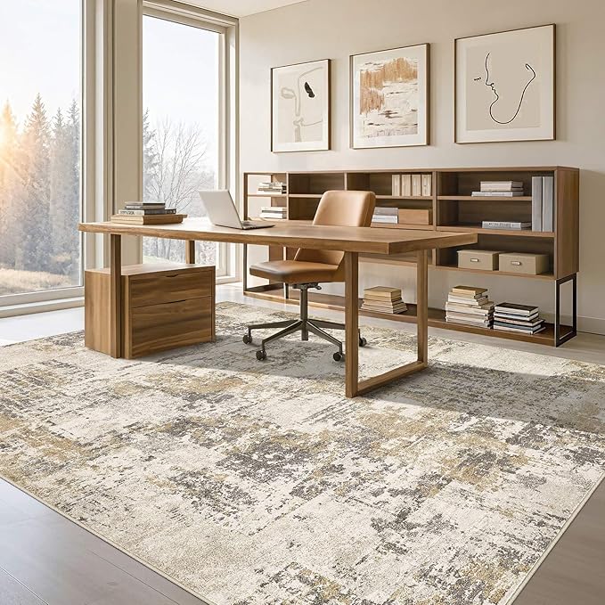 Tortania Washable 10x14 Area Rug for Living Room: Modern Abstract Neutral Large Soft Thin Rugs - Non Slip Indoor Carpet for Bedroom Dining Room Office Nursery Home Floor Decoration - Beige/Brown/Gray