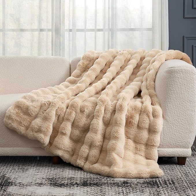Cozy Bliss Faux Fur Throw Blanket for Couch, Fuzzy Soft Plush Thick Bubble Blanket for Sofa Bedroom Living Room, 60 * 80 Inches Beige