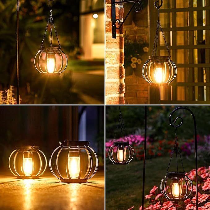KOOPER Solar Lanterns Outdoor Waterproof, Upgraded Metal Hanging Solar Lights Outdoor Lanterns, Brighter Auto On/Off Outdoor Hanging Lantern for Yard Patio Pathway Porch Garden Decor 2 Pack