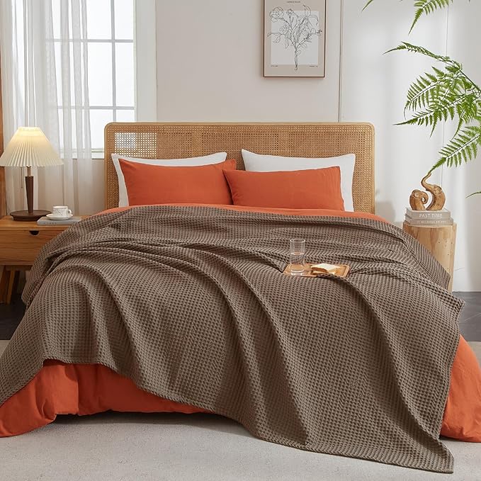PHF Ultra Soft Waffle Weave Blanket Queen Size 90"x 90"- Washed Lightweight Breathable Cozy Woven Blanket for Bed - Aesthetic Decor for Couch Bedding Sofa Home Car - Cocoa Brown
