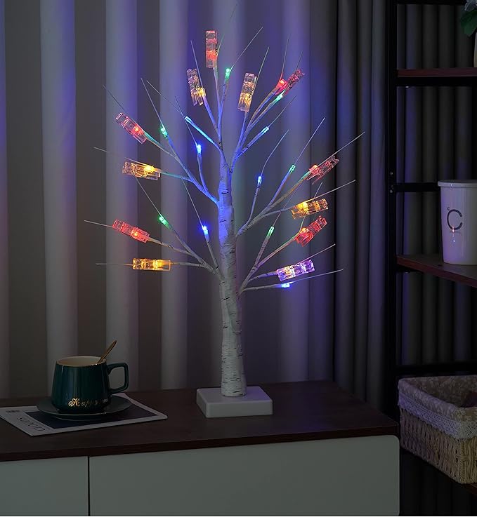 Coloured Money Tree Gift Card Holder - Multicolor Graduation Gift Card Birch Tree with 12 Clips and 24 Twig LEDs, Display Lottery Ticket Money Cash Photo DIY for Birthday Christmas Home Party Wedding