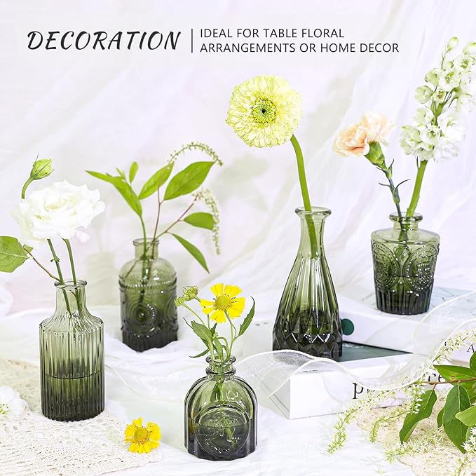 Glass Bud Vase Set of 5, Green Small Flower Vases for Centerpieces in Bulk, Mini Vintage Vase for Rustic Wedding, Home,Table Decoration