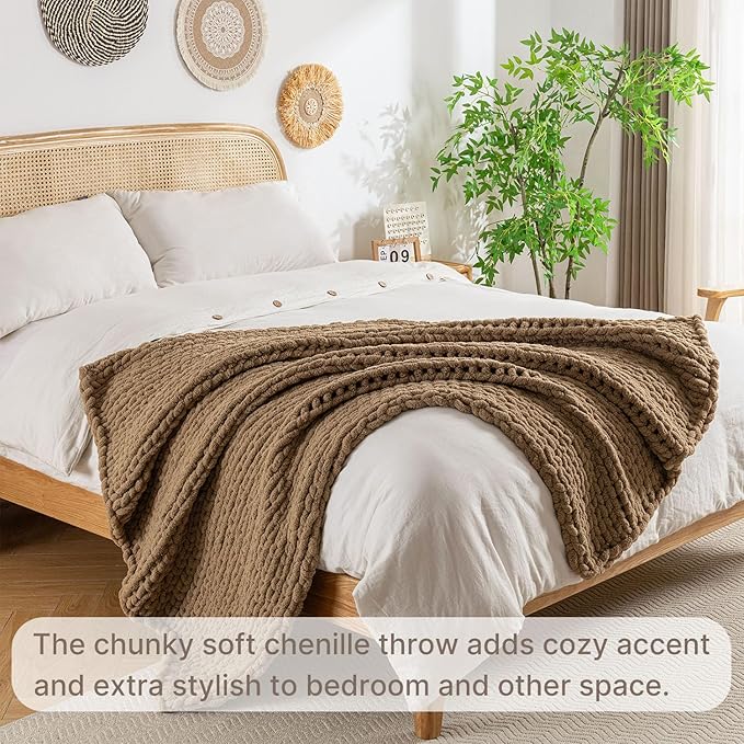 Chunky Knit Blanket Throw, 100% Hand Knit Throw Blanket Handmade Chenille Cable Knit Throw for Couch, Stylish Cozy Soft Rope Knot Crochet Blanket for Home Decor, Camel, 50x60 Inches