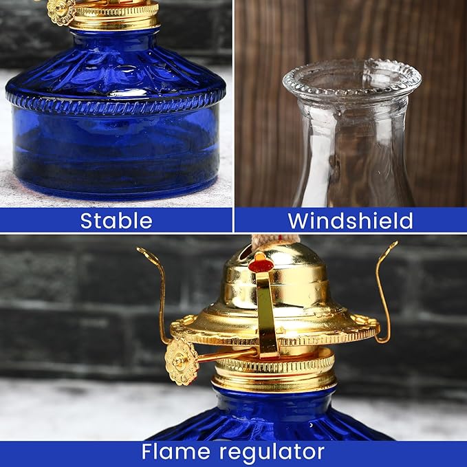 Tuanse 2 Pcs Oil Lamps for Indoor Use Vintage Hurricane Emergency Glass Oil Lamps Large Lantern Classic Decorative Oil Lamp for Home Tabletop Emergency Lighting Supplies(Royal Blue)